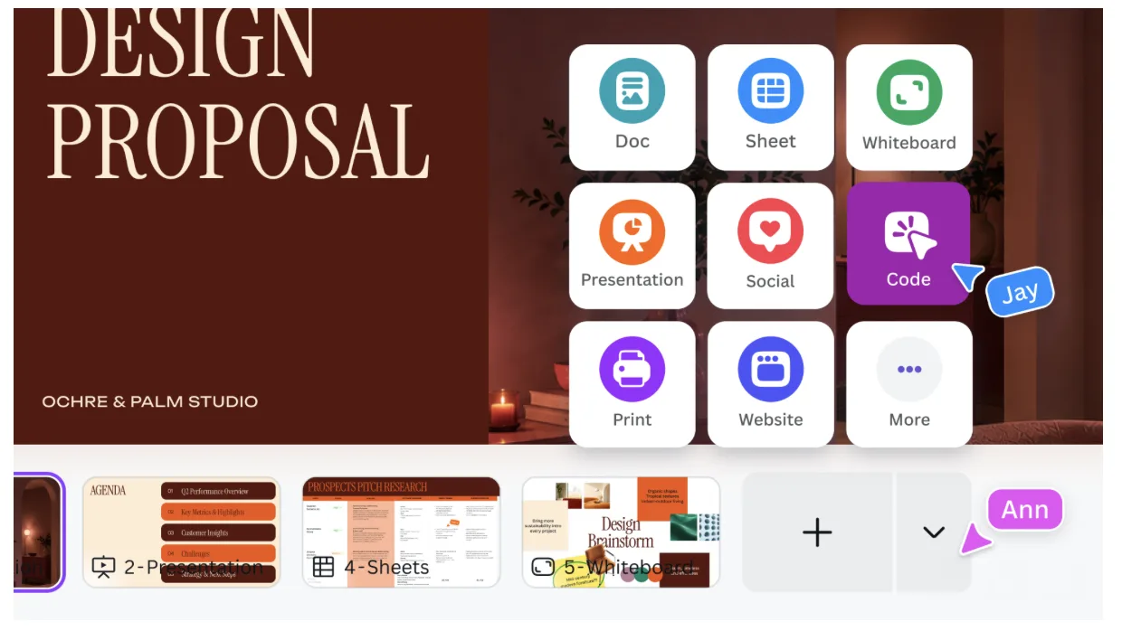 Tangkapan layar antarmuka Canva Code 2.0 yang menampilkan fitur drag-and-drop dan kolom prompt AI untuk membangun landing page.
